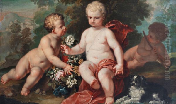 Cherubs and a spaniel before a landscape Oil Painting by Mattheus Terwesten