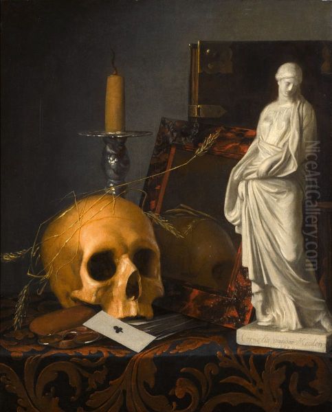 Vanitas still life with a skull, a guttering candle, a tortoiseshell mirror, a book, a statuette of saint Susanna, and a pack of cards Oil Painting by Cornelis Van Der Meulen