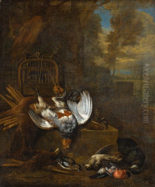 Hunting still life with a dead pheasant and songbirds in a landscape Oil Painting by Bernaert De Bridt