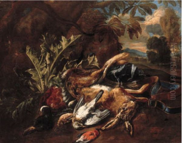 Hunting still life with a hare, a mallard and songbirds in a landscape Oil Painting by Bernaert De Bridt