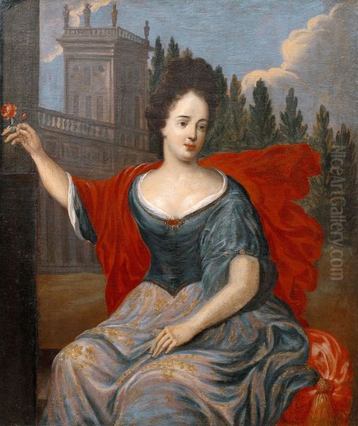 Portrait of Teresa Kunegunda Sobieska against the Wilanow Palace. Oil Painting by unknown