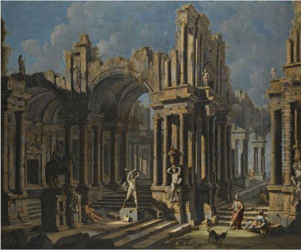 An Architectural Capriccio With A Statue Of Hercules And Figures Inclassical Costume Oil Painting by Pietro Cappelli