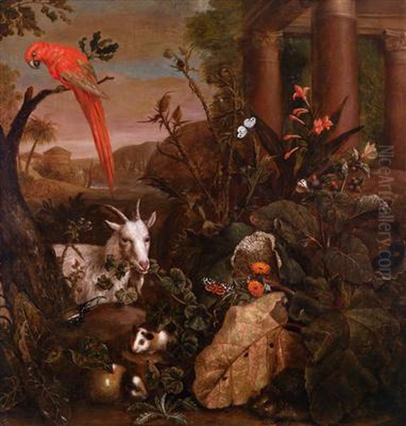 Still life of thistles, insects, marmots and a parrot near a temple Oil Painting by Pieter van der Hulst (IV)