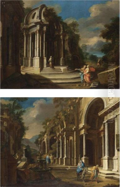 Capriccio Architettonico Con Figure;capriccio Architettonico Con La Fuga In Egitto Oil Painting by Pietro Cappelli