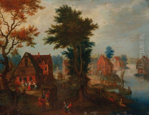 A river landscape with boats and carriages by a village Oil Painting by Joseph van Bredael