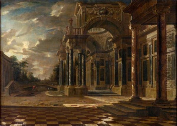 Architectural capriccio with figures Oil Painting by Willem Augustin van Minderhout