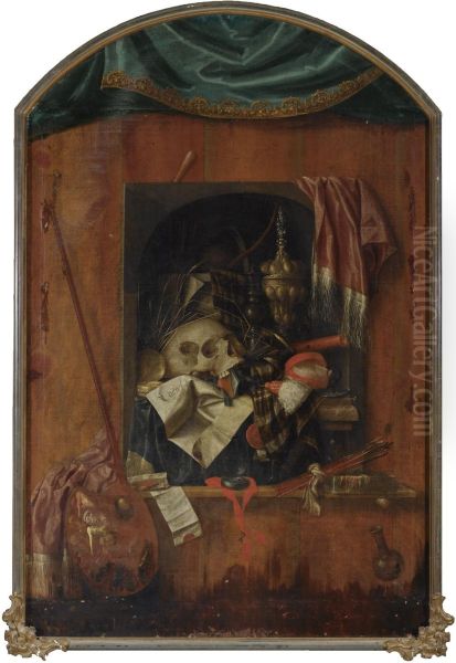 Trompe l'oeil with a painting of a vanitas still life with a skull, a silver gilt chalice, a candlestick, a flute and documents on a wooden ledge with painting utensils Oil Painting by Franciscus Gijsbrechts