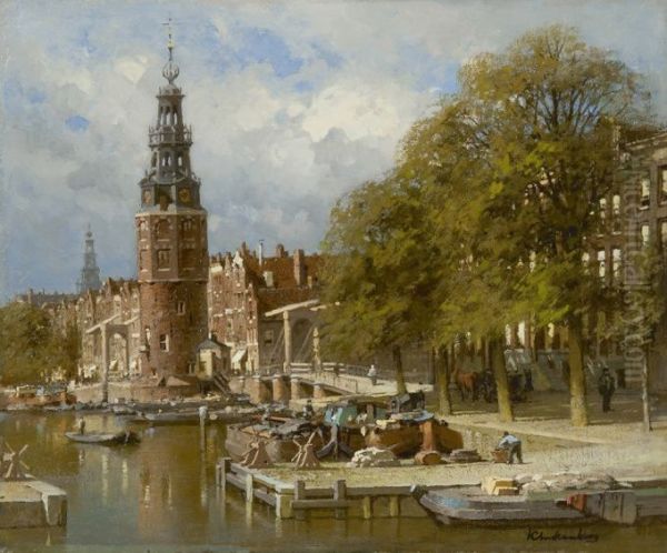 The Montelbaanstoren near the Kalkmarktsluis, Amsterdam Oil Painting by Johannes Christiaan Karel Klinkenberg