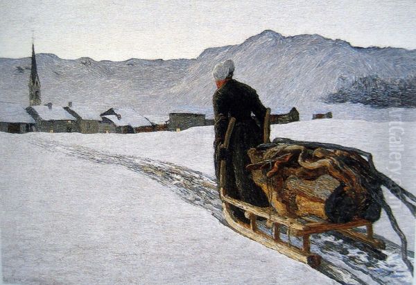 Selanka tagne drova vzimku Oil Painting by Giovanni Segantini