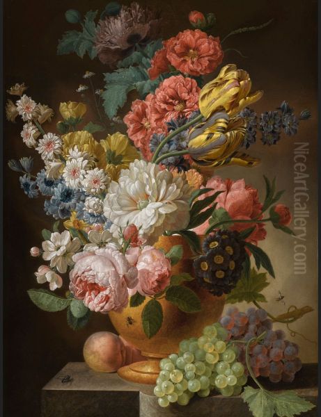 Still life of roses, tulips, carnations and other flowers in an urn on a stone ledge, with peaches and grapes Oil Painting by Pieter Faes