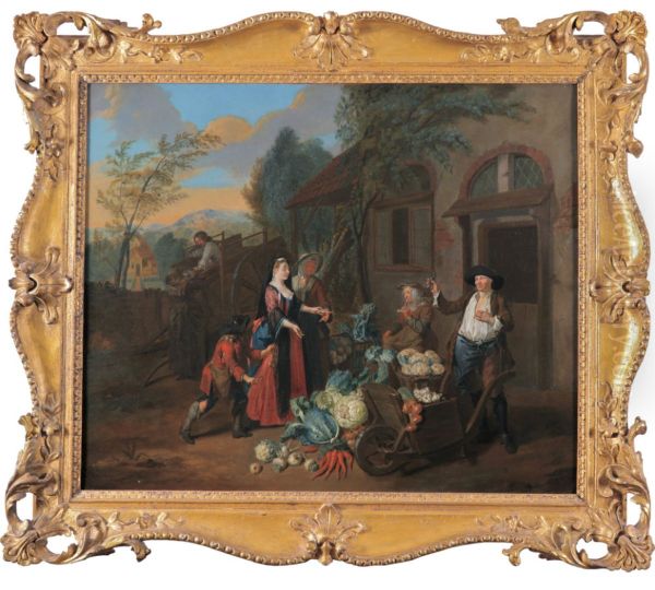 Lady and her maid buying vegetables, a young thief attempting to steal her watch Oil Painting by Joseph van Aken