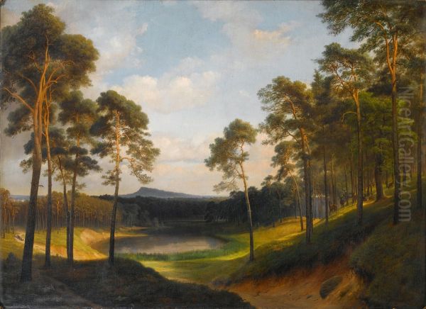 Extensive wooded landscape with a lake in the distance Oil Painting by Eduard Gaertner