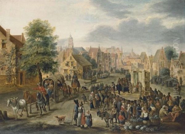 Village market with a wagon, women with baskets of vegetables and a crowd gathered around a commedia dell'arte stage, with the coat-of-arms of the Holy Roman Empire Oil Painting by Andreas Martin