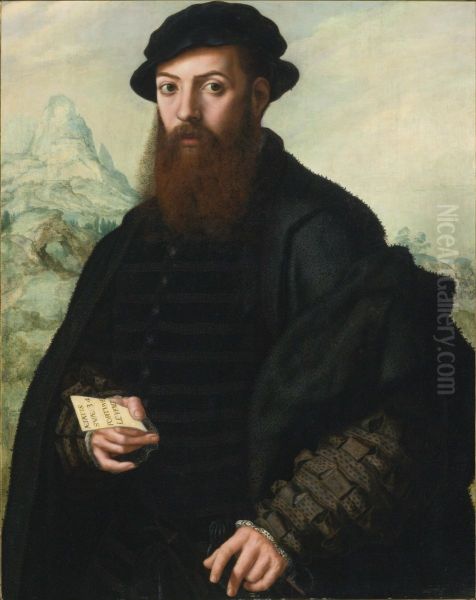 Portrait of a bearded man, aged 34, before an extensive landscape Oil Painting by Jan Sanders Van Hemessen