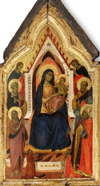 Madonna and Child enthroned flanked by saints John the baptist, Peter, Paul and Zenobius (?)  and two angels, below them two donors Oil Painting by Taddeo Gaddi