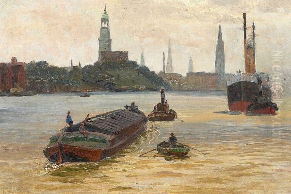 Parti fra Hamborg Havn. Oil Painting by Vilhelm Arnesen