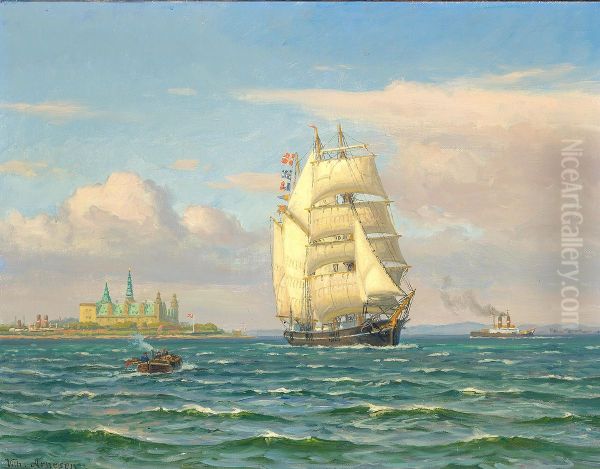 Ships in the Sound off Kronborg. Oil Painting by Vilhelm Arnesen