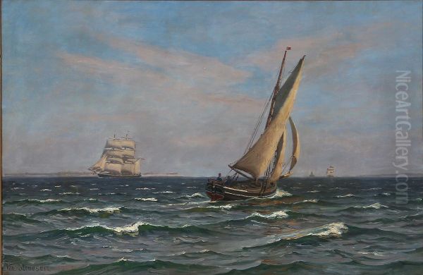 Seascape with sailing ships and boats off the coast of Gilleleje, Denmark. Oil Painting by Vilhelm Arnesen