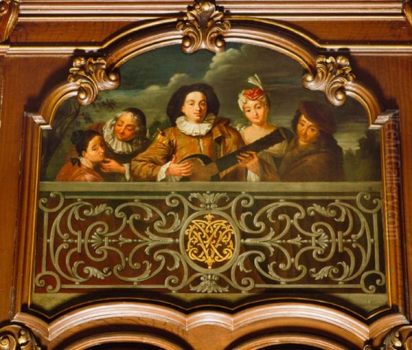 Elegant company with guitar player behind a balustrade Oil Painting by Frans Breydel