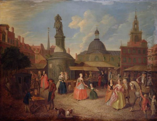 View of Stocks Market with the statue of King Charles II Oil Painting by Joseph van Aken