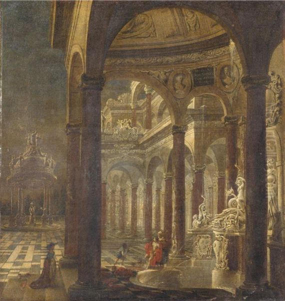 Architectural capriccio with Bathsheba receiving the news of the death of her husbandUriah the Hittite Oil Painting by Wilhelm Schubert van Ehrenberg