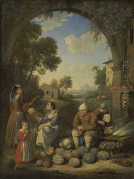 A lady with children visiting a village vegetable stand Oil Painting by Hendrik Frans Van Lint