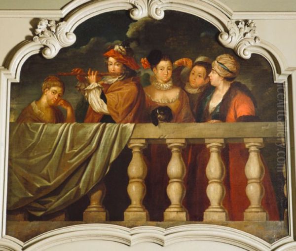 Elegant company behind a balustrade Oil Painting by Frans Breydel