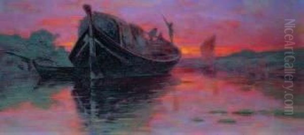 Barcone Sul Canale Al Tramonto Oil Painting by Eugenio Caprini