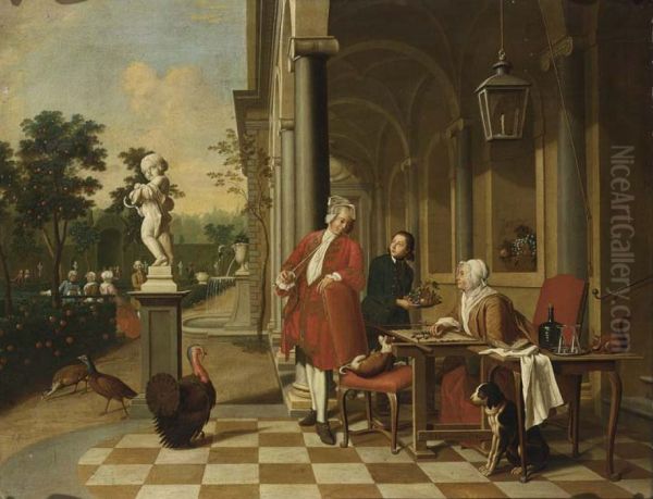 An elegant man smoking a pipe with an elegant lady embroidering in a classical archway Oil Painting by Peter Jacob Horemans