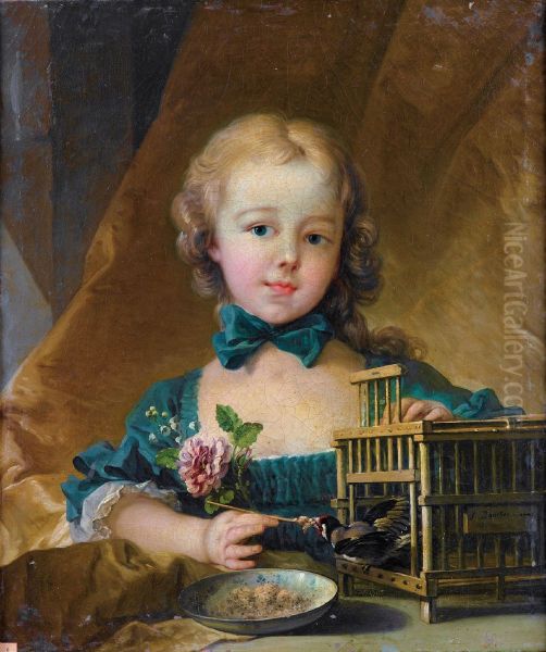 Portrait ofAlexandrine Le Normant d'Etiolles, playing with a Goldfinch Oil Painting by Francois Boucher