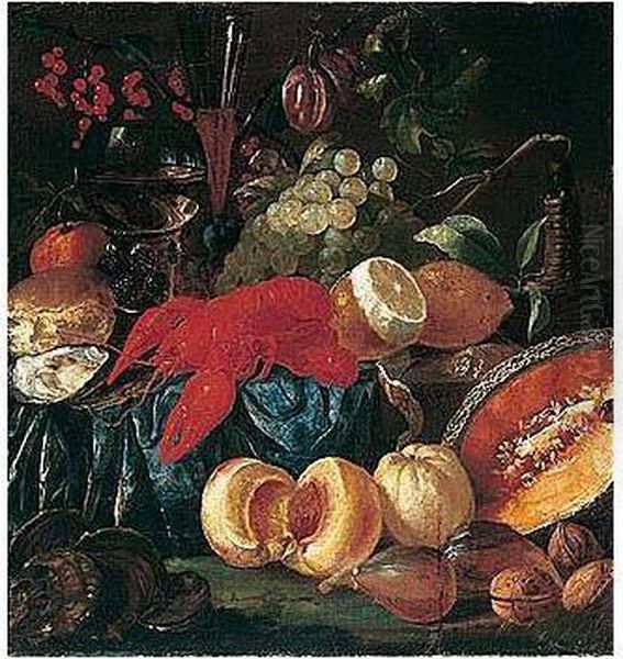 Still Life Of Lobster, Peaches, Melon, Grapes, Lemon, Nuts, Plums, Oysters And Bread, Together With A Wine Bottle, A Roemer And A Wine Glass, Upon A Partly Draped Ledge Oil Painting by Jacob Caproens