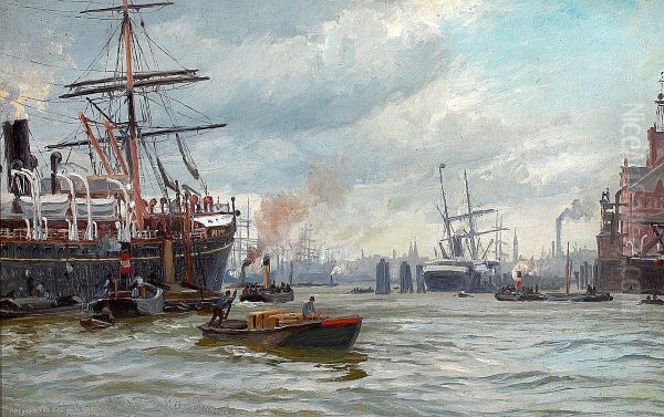 Harbour scene from Hamburg with ships and figures. Oil Painting by Vilhelm Arnesen