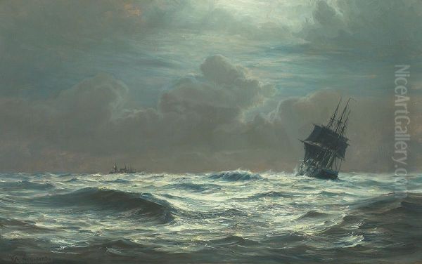 A three-masted ship and a steamship at sea. Oil Painting by Vilhelm Arnesen