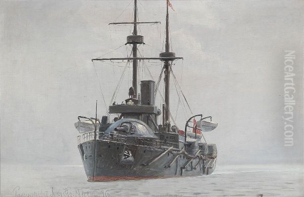 The coastal defence ship Iver Hvitfeldt. Oil Painting by Vilhelm Arnesen