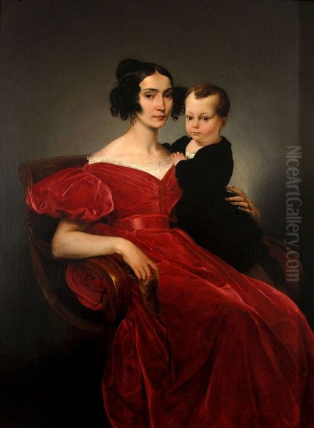 Portrait of Countess Teresa Zumali Marsili with her son Giuseppe Oil Painting by Francesco Hayez