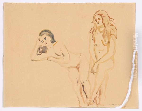 Two Female Nudes, half Reclining and Sitting Oil Painting by Edvard Munch