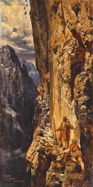 Mountaineers ascending a steep rock face Oil Painting by Georg Janny