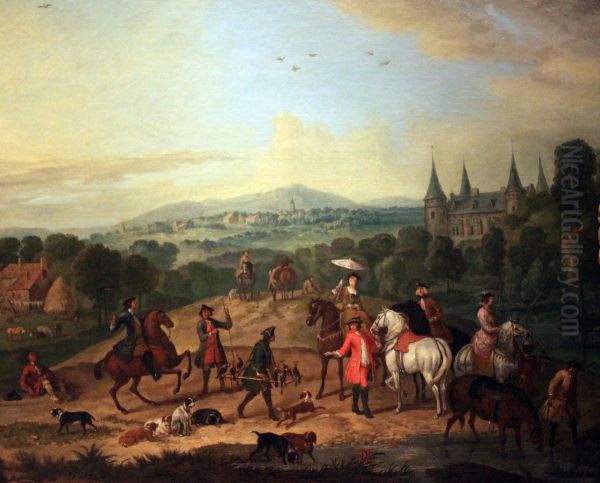 Elegant group of riders on a falcon hunt in a landscape with castle Oil Painting by Jan Peeter Verdussen