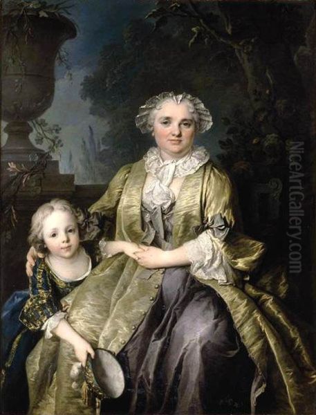 Portrait of a Lady, called Madame Mirey, and Her Daughter Oil Painting by Louis Tocque