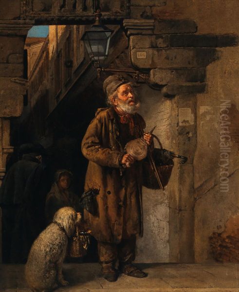 A lamplighter and his little friend Oil Painting by Antonio Rotta