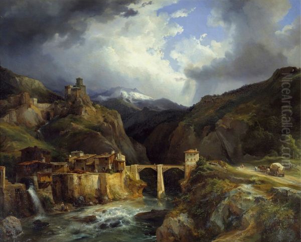 Village and Bridge of Crevola on the road from Simplon to Domodossola Oil Painting by Jean-Charles-Joseph Remond