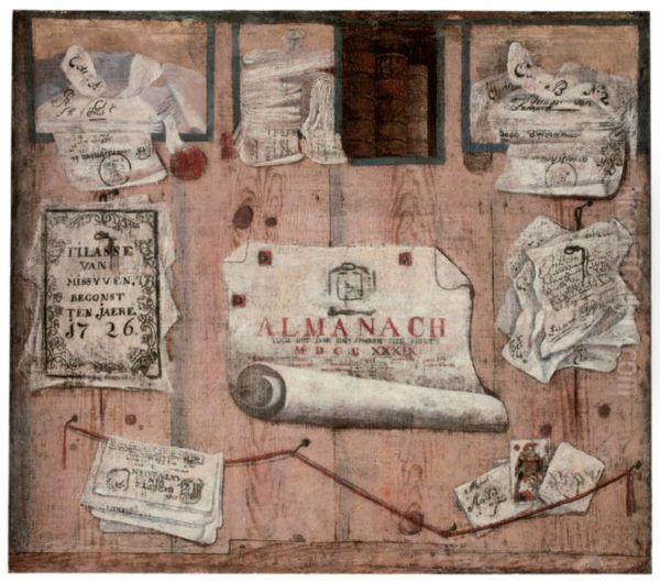 Trompe l'oeil of an almanac, with pages pinned to a wooded partition Oil Painting by Jacobus Plasschaert