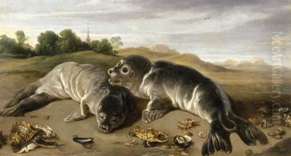 Two young seals on the shore Oil Painting by Paul de Vos