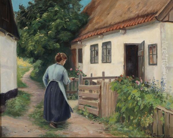 House of the seamstress in Lille Naestved. Oil Painting by H. A. Brendekilde