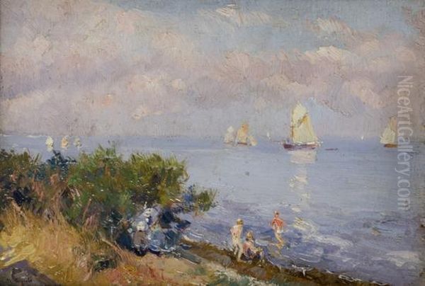 Marina Con Barche E Bagnanti A Calvados Oil Painting by Ulisse Caputo