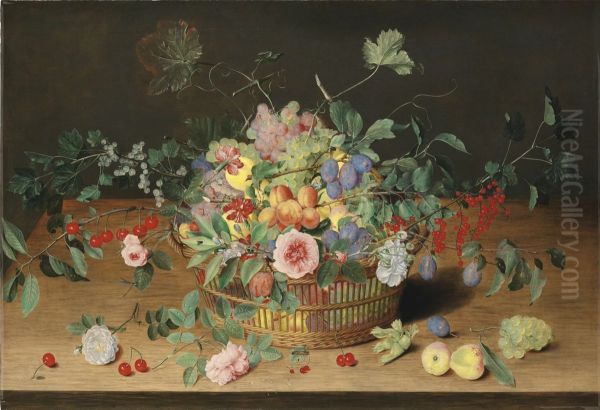 Still life with a basket of flowers and fruit Oil Painting by Isaak Soreau