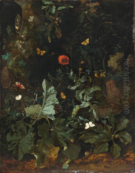 Forest floor stil life with plants, flowers and butterflies Oil Painting by Nicolaes de Vree