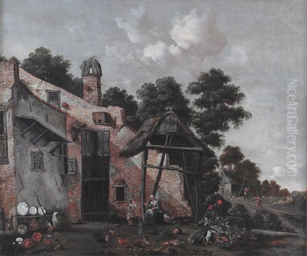 View of a farmyard near a cottage Oil Painting by Nicolaes de Vree