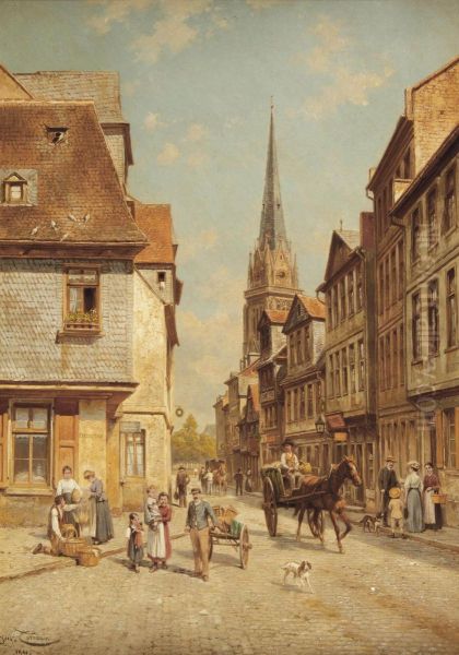 Townspeople In A Sunlit Street Oil Painting by Jacques Carabain