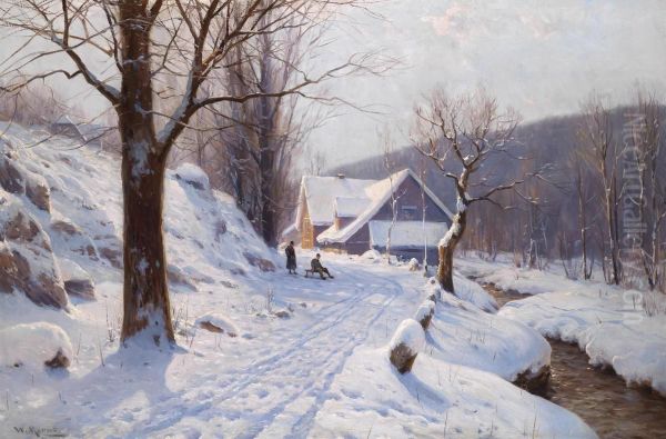 Tobogganing on a sunny Winter's Day Oil Painting by Walter Moras